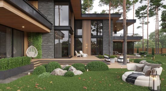 Садовая зона двухэтажного дома с плоской крышей: деревянная терраса, биокамин и лаунж-группа среди сосен