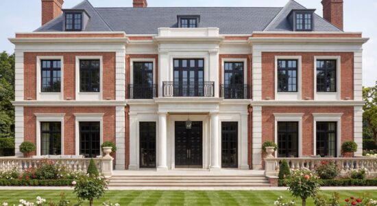 Главный фасад кирпичного дома в английском классическом стиле: красный кирпич, белый известняк, колонный портик с балконом и мансардная кровля