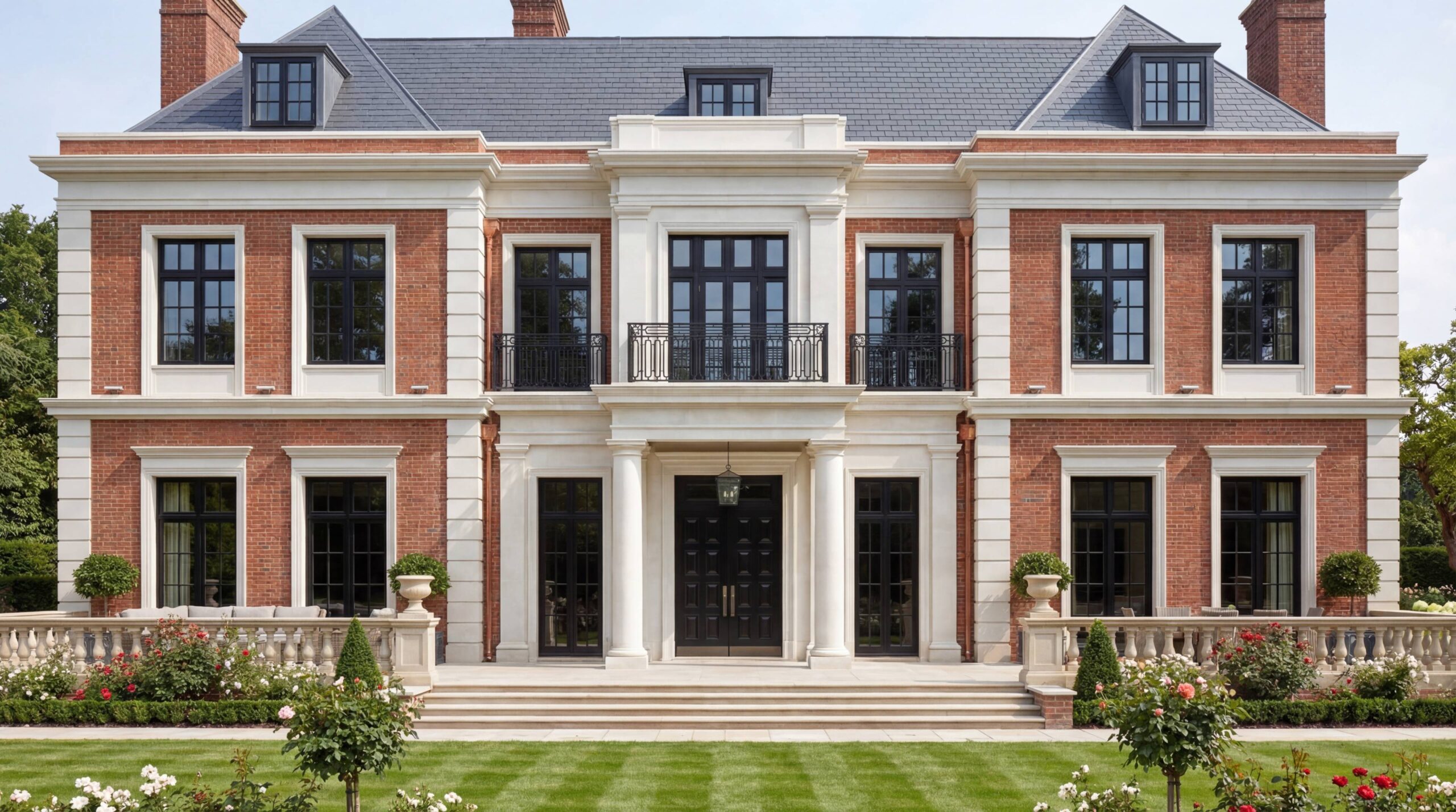 Главный фасад кирпичного дома в английском классическом стиле: красный кирпич, белый известняк, колонный портик с балконом и мансардная кровля