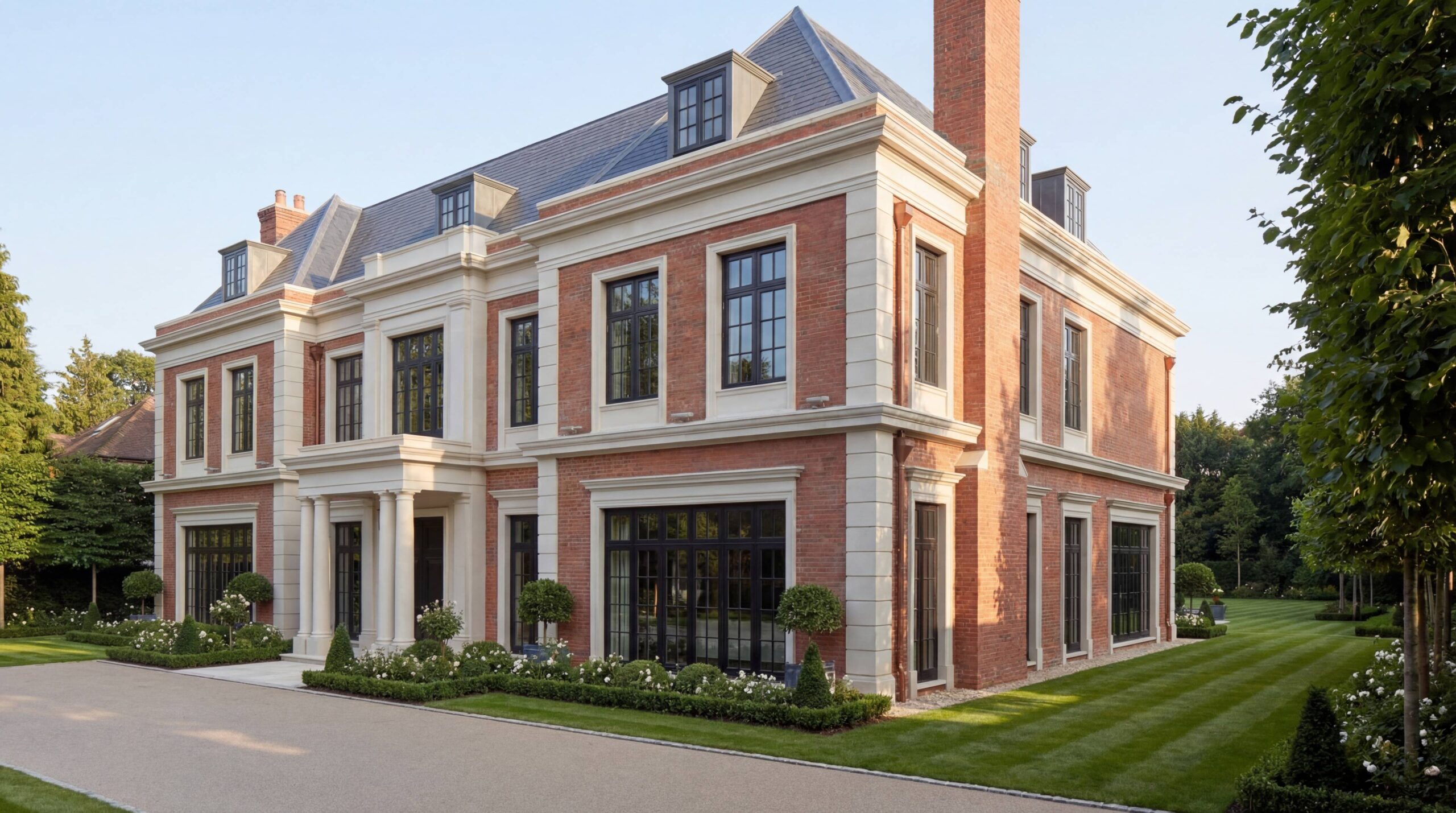 Панорама главного фасада: симметричная композиция с портиком, балконом с кованым ограждением и мансардной кровлей из сланца Панорама главного фасада: симметричная композиция с портиком, балконом с кованым ограждением и мансардной кровлей из сланца