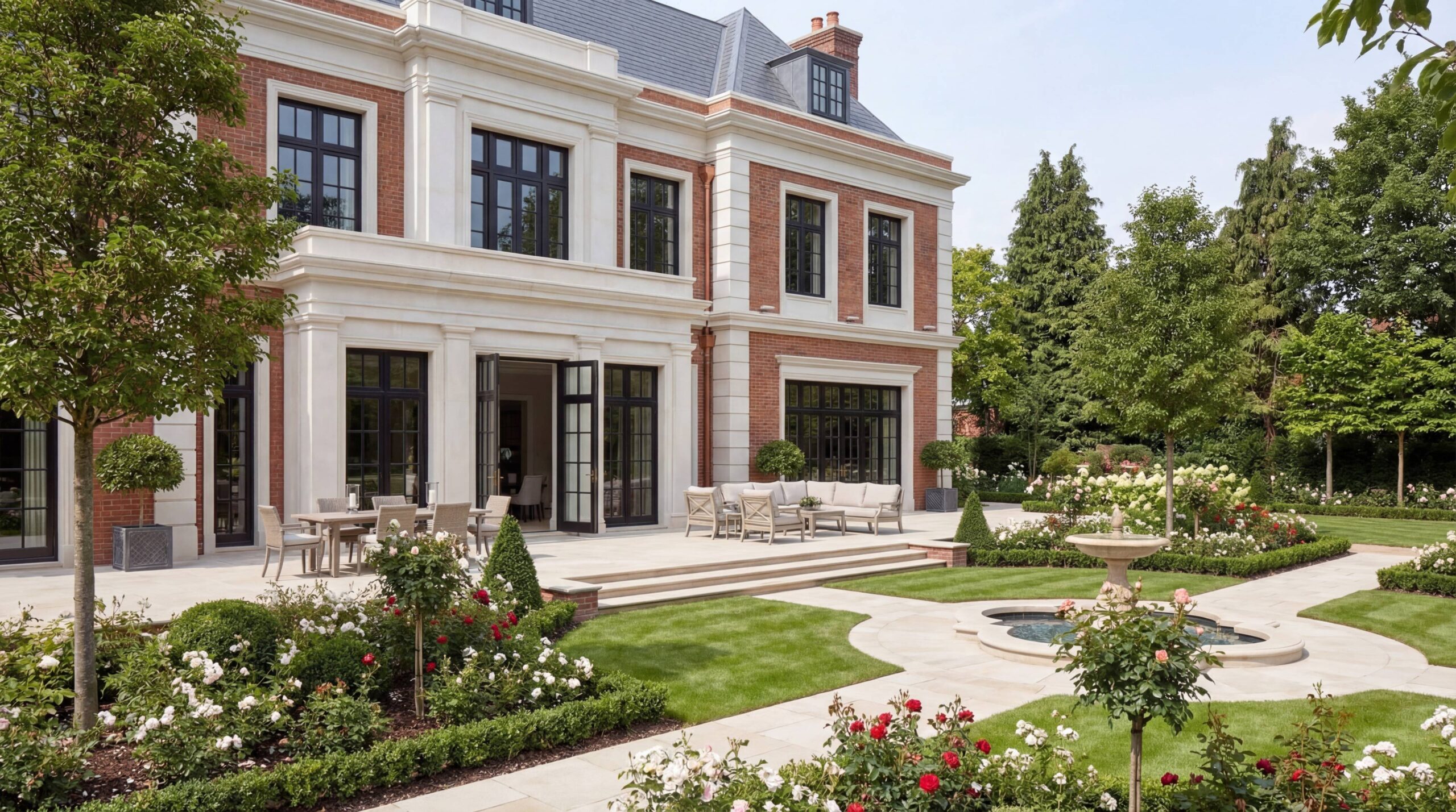 Садовый фасад и розовый сад: терраса с фонтаном, партеры с самшитовыми бордюрами и открытые двери первого этажа Садовый фасад и розовый сад: терраса с фонтаном, партеры с самшитовыми бордюрами и открытые двери первого этажа