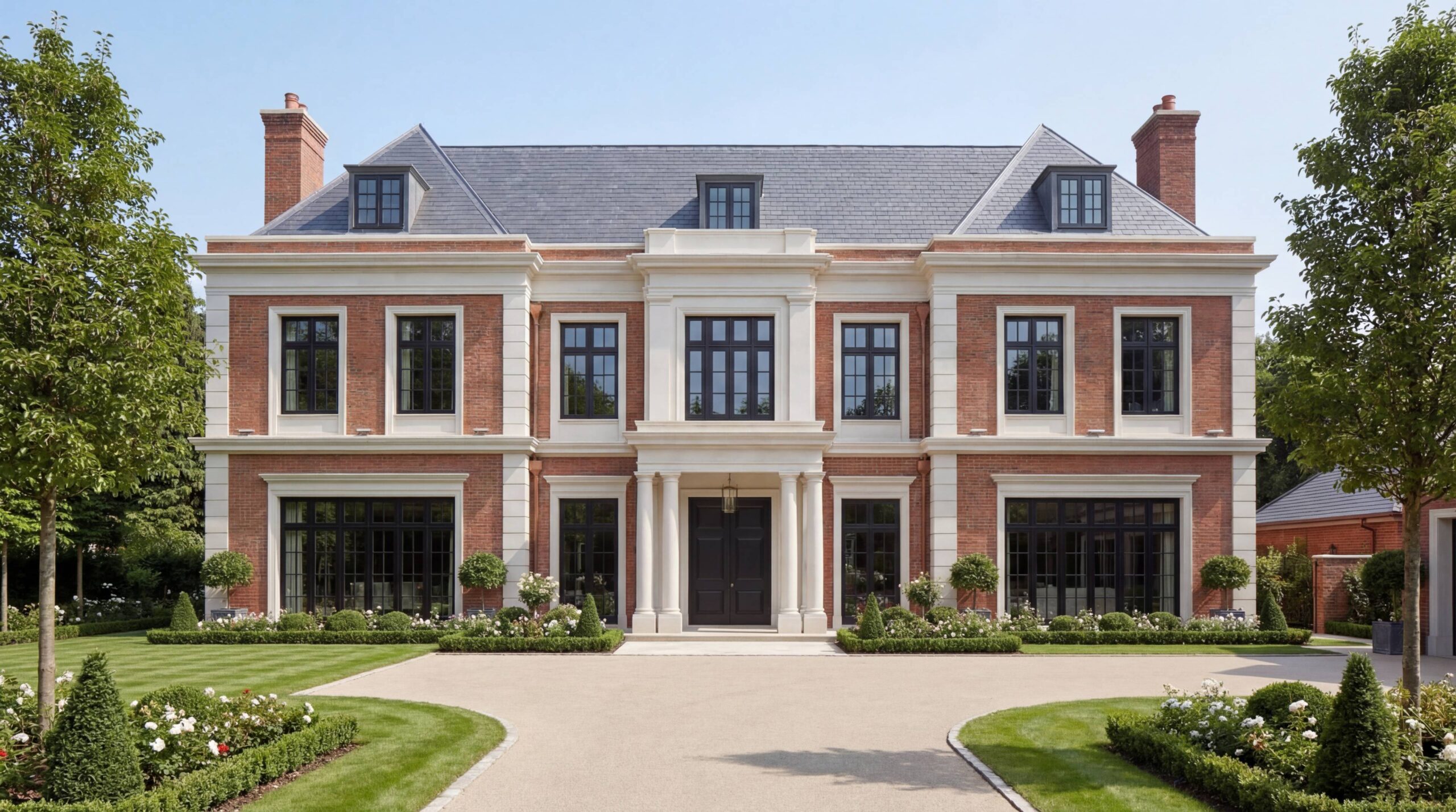 Фронтальный вид главного фасада: кирпич и известняк, колонный портик, круговой подъезд и геометрические партеры Фронтальный вид главного фасада: кирпич и известняк, колонный портик, круговой подъезд и геометрические партеры