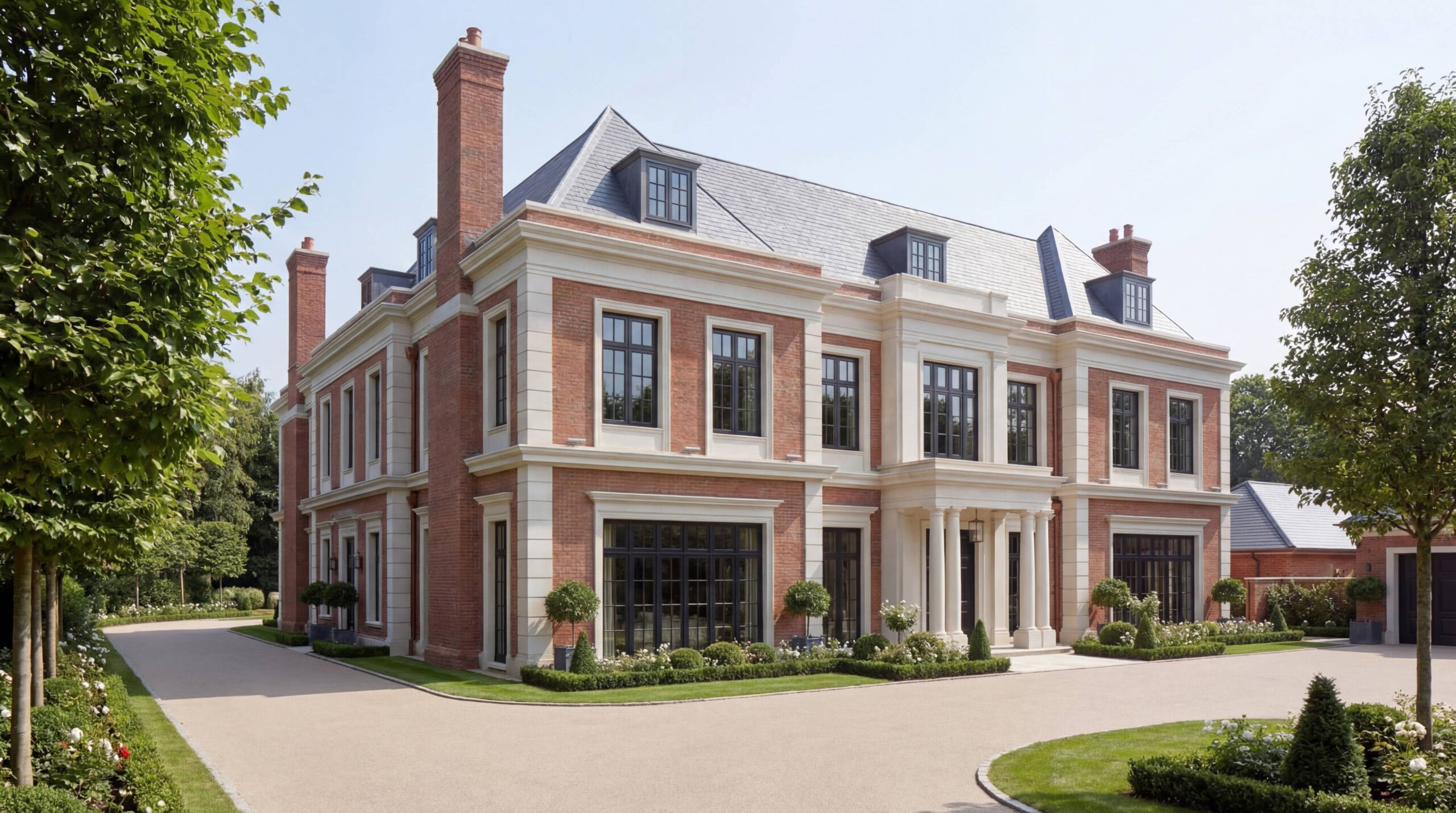Угловой ракурс особняка: главный и боковой фасады, кирпичная труба, мансардные люкарны и гравийная подъездная дорожка Угловой ракурс особняка: главный и боковой фасады, кирпичная труба, мансардные люкарны и гравийная подъездная дорожка