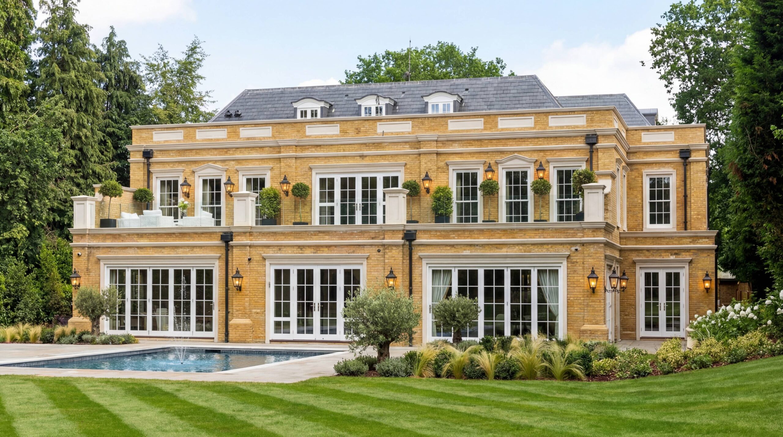 Садовый фасад двухэтажного загородного особняка из жёлтого кирпича с открытым бассейном и французскими дверями