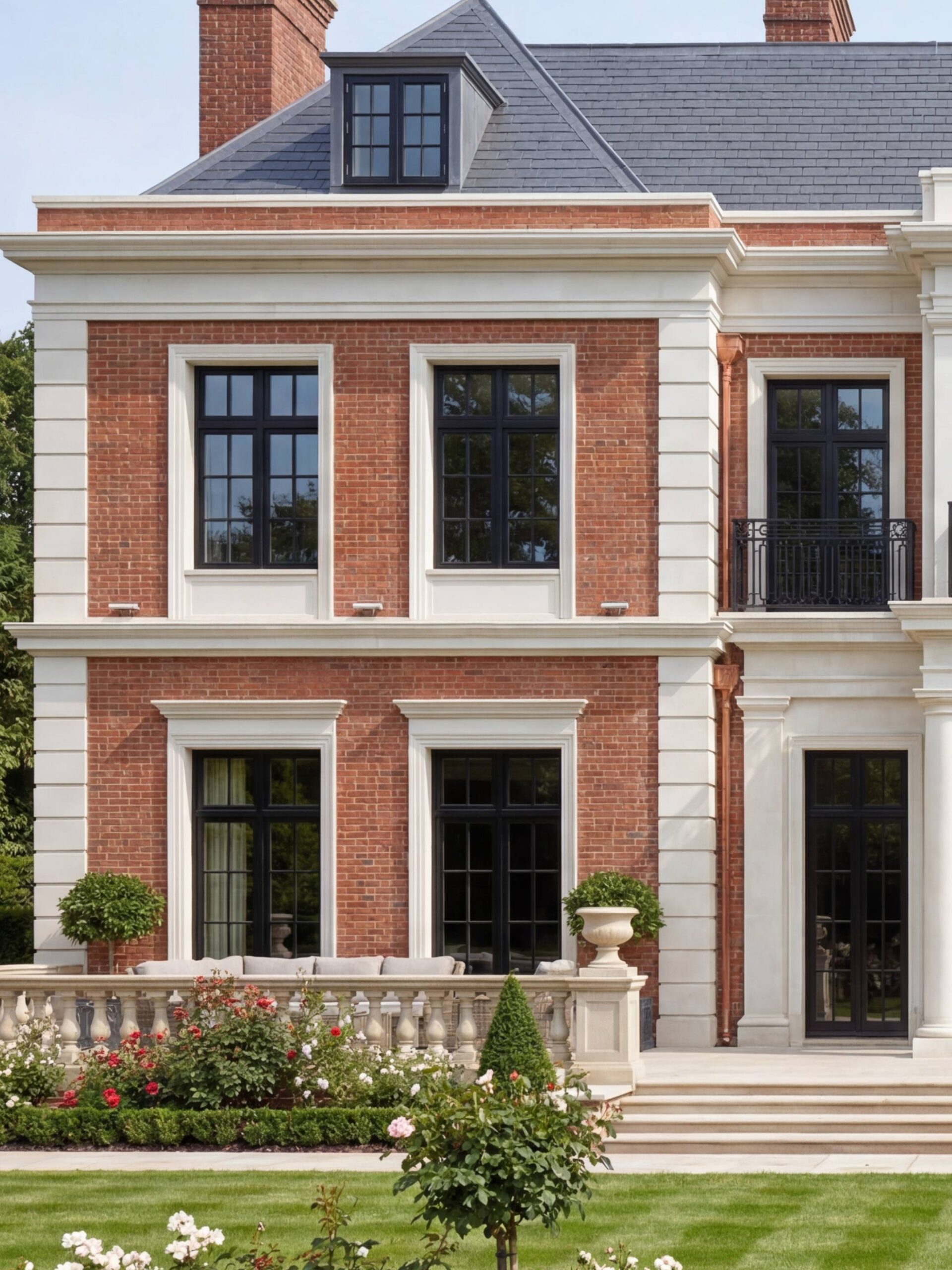 Фасад особняка из красного кирпича: белые известняковые обрамления окон, чёрные металлические переплёты и медный водосток Фасад особняка из красного кирпича: белые известняковые обрамления окон, чёрные металлические переплёты и медный водосток