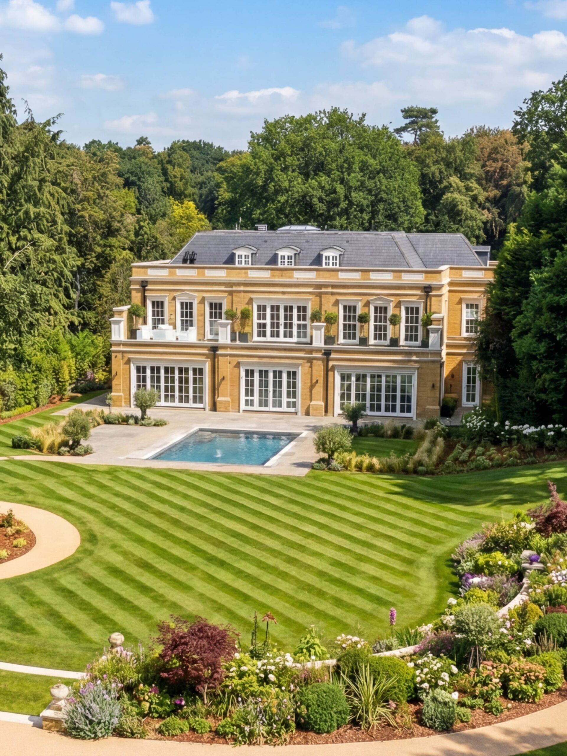 Садовый фасад и открытый бассейн: французские двери первого этажа и терраса с посадками олив и штамбовых деревьев Садовый фасад и открытый бассейн: французские двери первого этажа и терраса с посадками олив и штамбовых деревьев