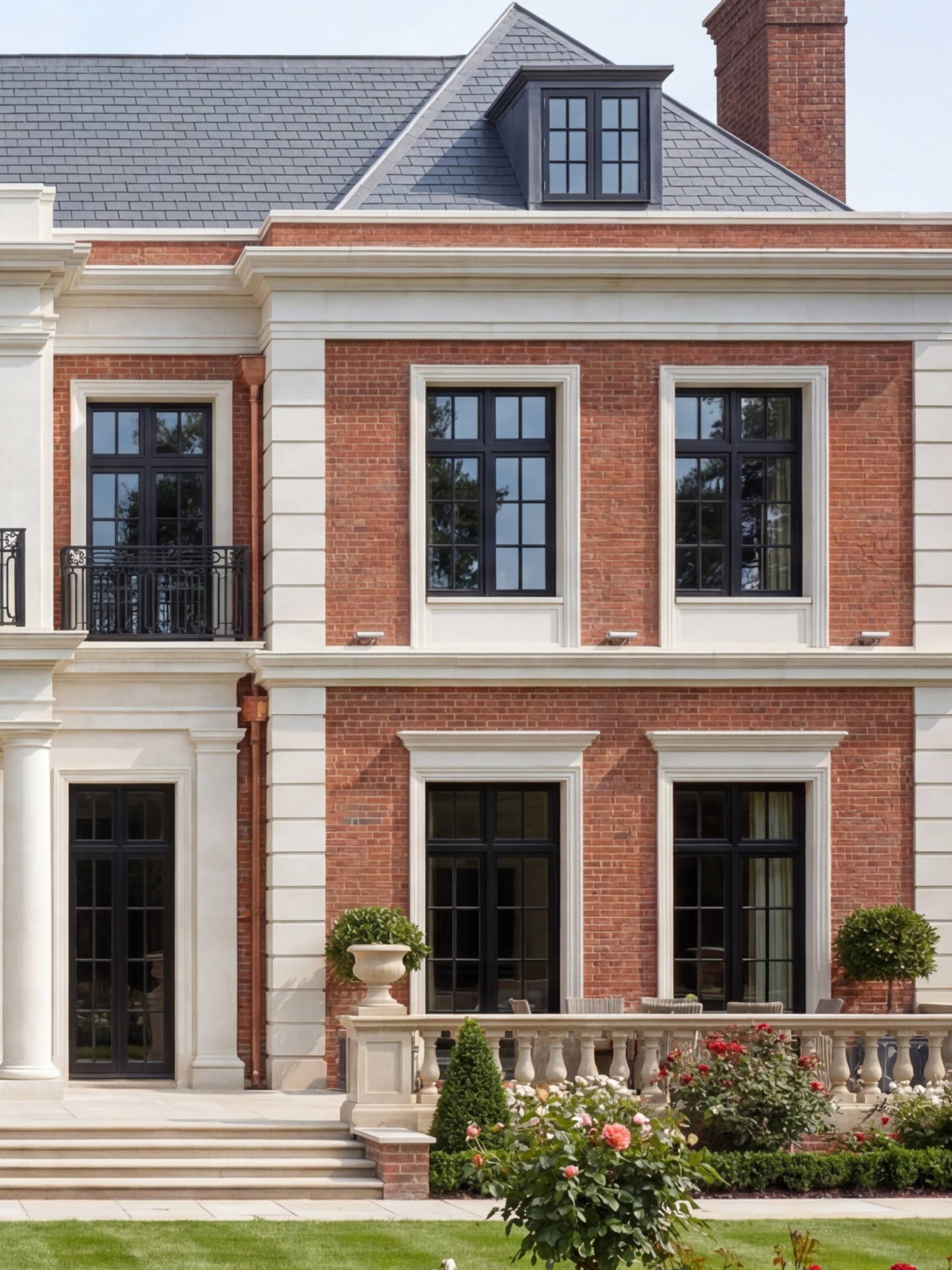 Угловой ракурс фасада: кирпичная кладка с белым каменным декором, люкарны мансардной кровли и стриженые самшитовые бордюры Угловой ракурс фасада: кирпичная кладка с белым каменным декором, люкарны мансардной кровли и стриженые самшитовые бордюры