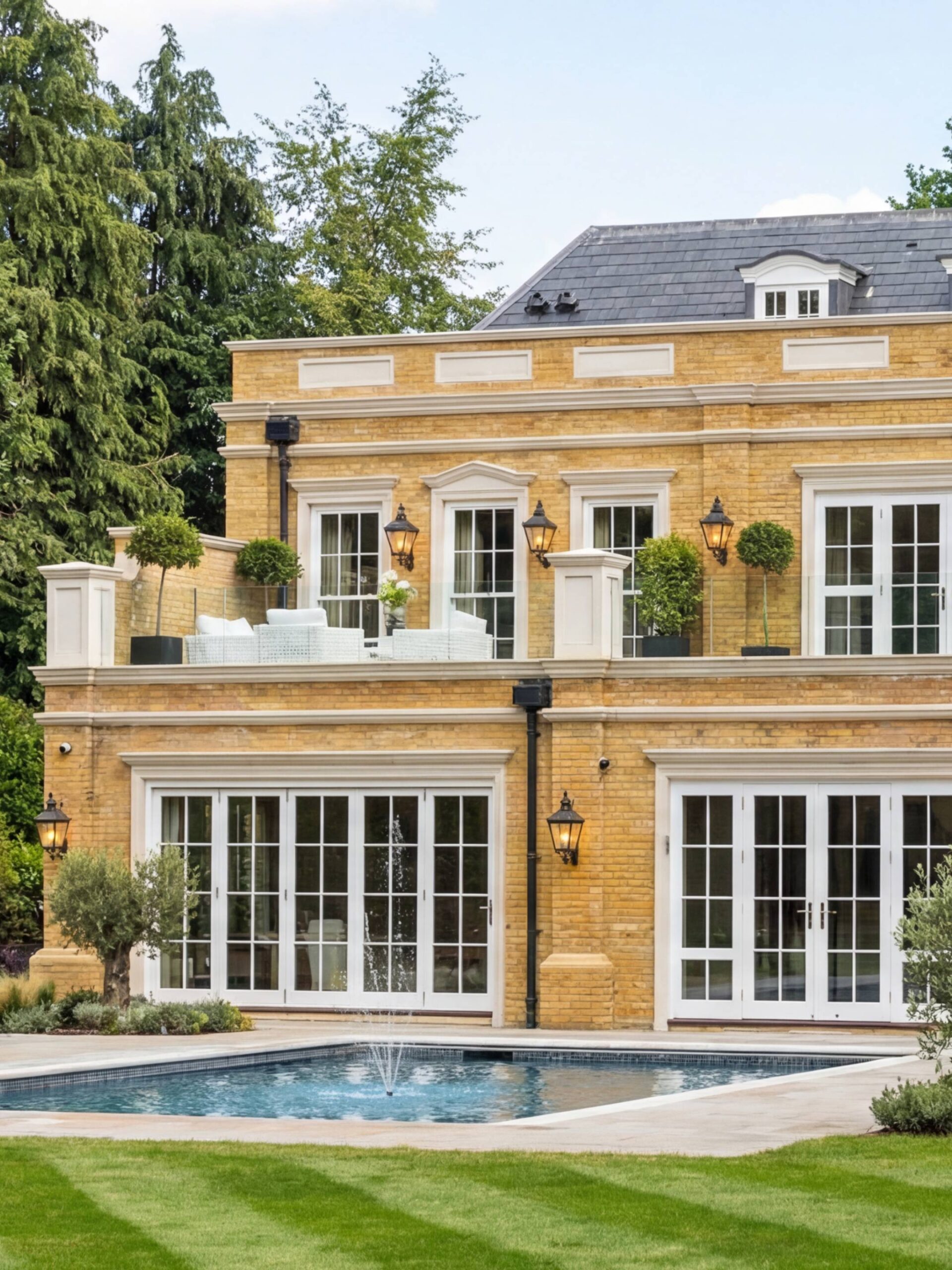 Фрагмент садового фасада: крупноформатное остекление первого этажа, терраса-балкон второго уровня и люкарны Фрагмент садового фасада: крупноформатное остекление первого этажа, терраса-балкон второго уровня и люкарны