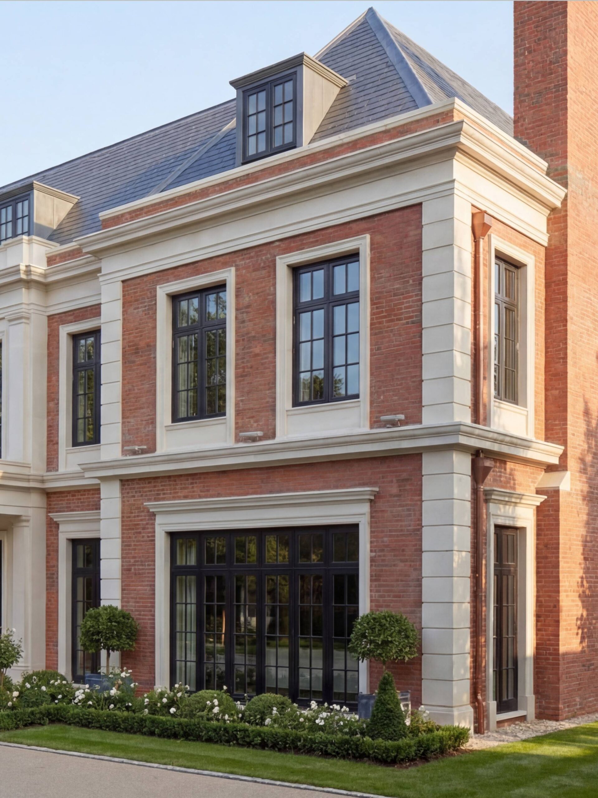 Угол здания крупным планом: белые пилястры, рустованные пояса и переход от главного к боковому фасаду Угол здания крупным планом: белые пилястры, рустованные пояса и переход от главного к боковому фасаду