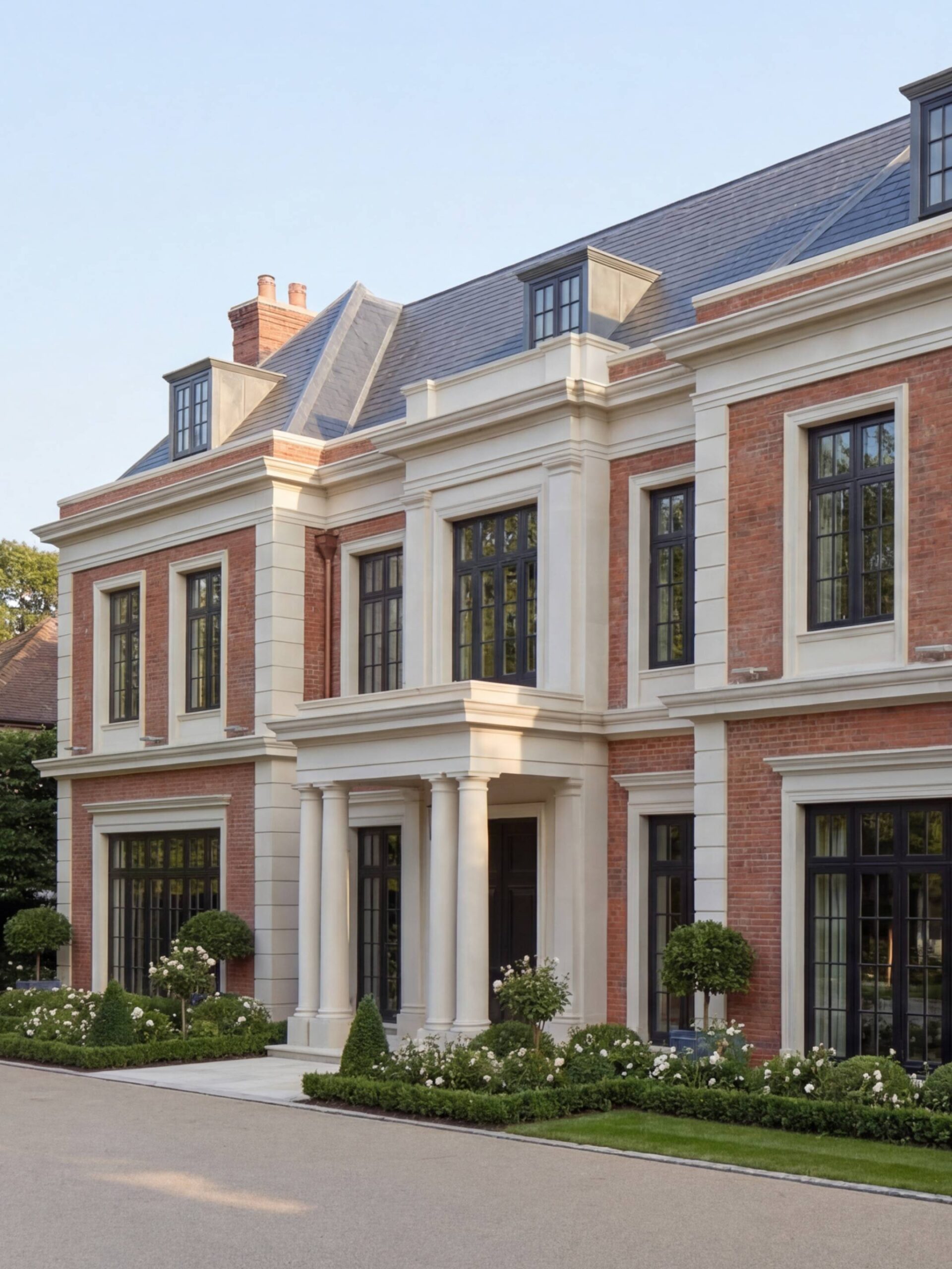 Фасад особняка: угловой ризалит с белым каменным обрамлением, чёрные стальные переплёты и розовые бордюры Фасад особняка: угловой ризалит с белым каменным обрамлением, чёрные стальные переплёты и розовые бордюры