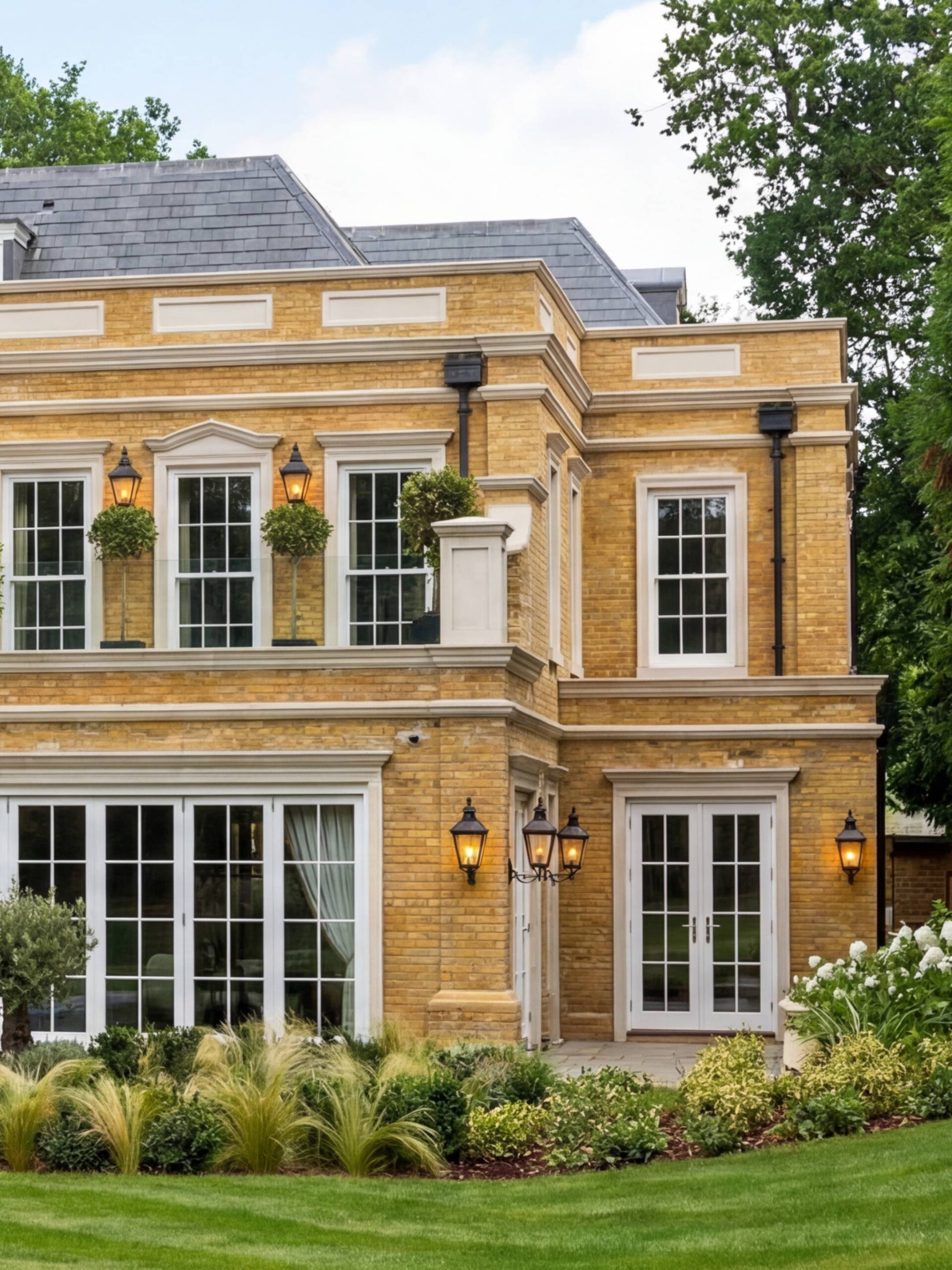 Боковой фасад с угловым ризалитом: сочетание французских дверей нижнего этажа и подъёмных окон верхнего Боковой фасад с угловым ризалитом: сочетание французских дверей нижнего этажа и подъёмных окон верхнего