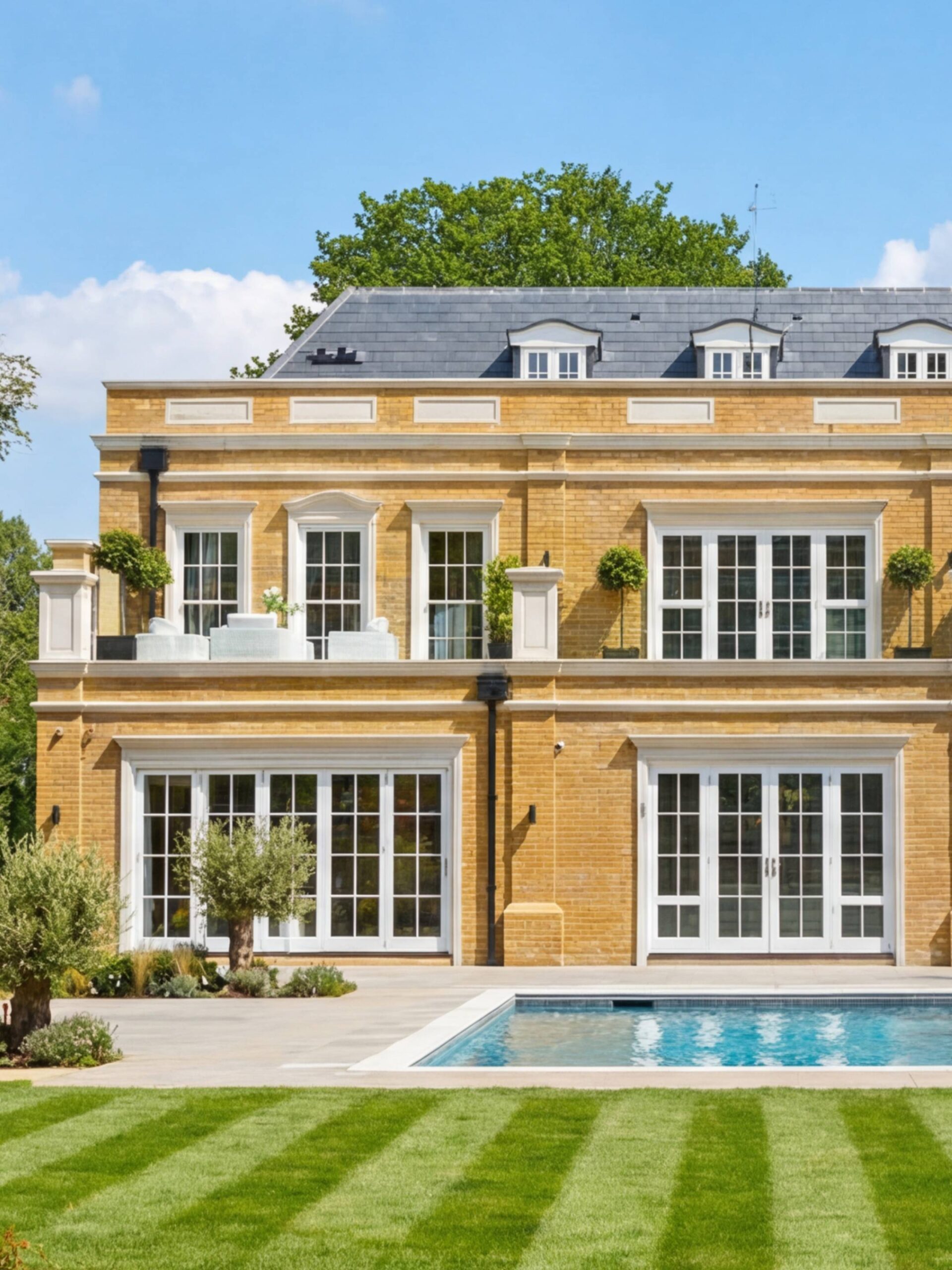 Садовый фасад особняка: открытый прямоугольный бассейн с каменной отмосткой на фоне жёлтого кирпича Садовый фасад особняка: открытый прямоугольный бассейн с каменной отмосткой на фоне жёлтого кирпича
