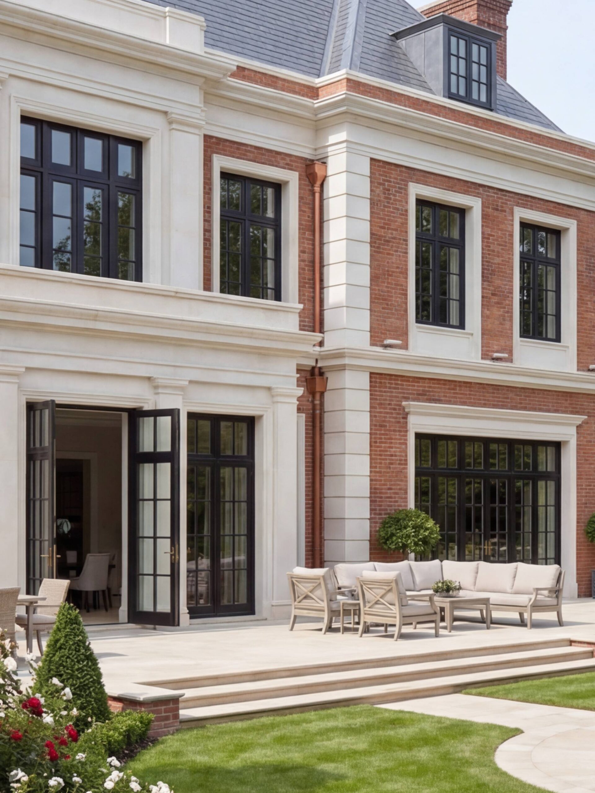 Деталь садового фасада: складные металлические двери, белые пилястры и лаунж-зона на каменной террасе Деталь садового фасада: складные металлические двери, белые пилястры и лаунж-зона на каменной террасе