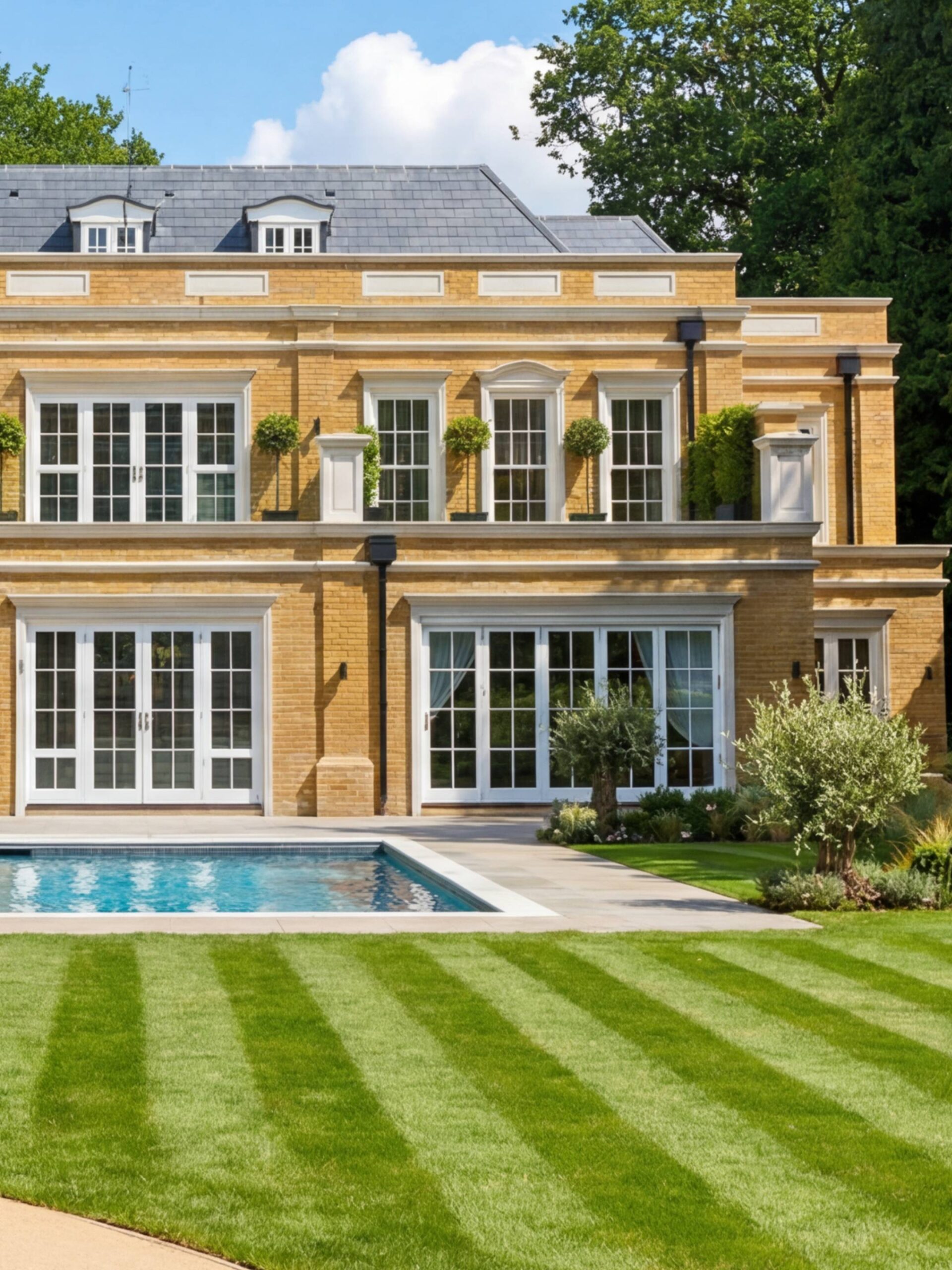 Задний фасад загородного особняка с бассейном, полосатым газоном и фоном из зрелых лиственных деревьев Задний фасад загородного особняка с бассейном, полосатым газоном и фоном из зрелых лиственных деревьев