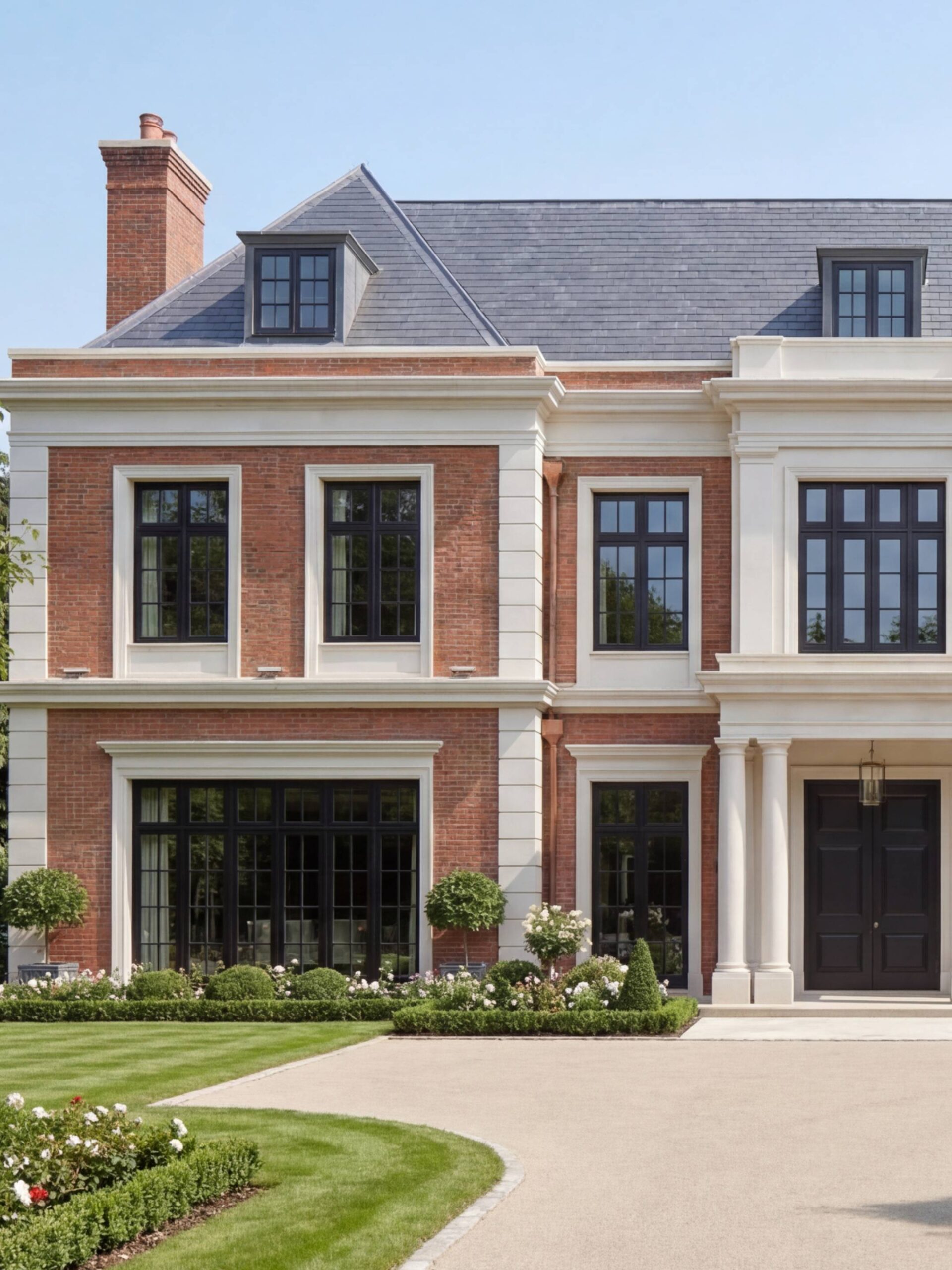 Угол садового фасада: крупноформатное остекление первого этажа, медный водосток и стриженые конусные туи Угол садового фасада: крупноформатное остекление первого этажа, медный водосток и стриженые конусные туи