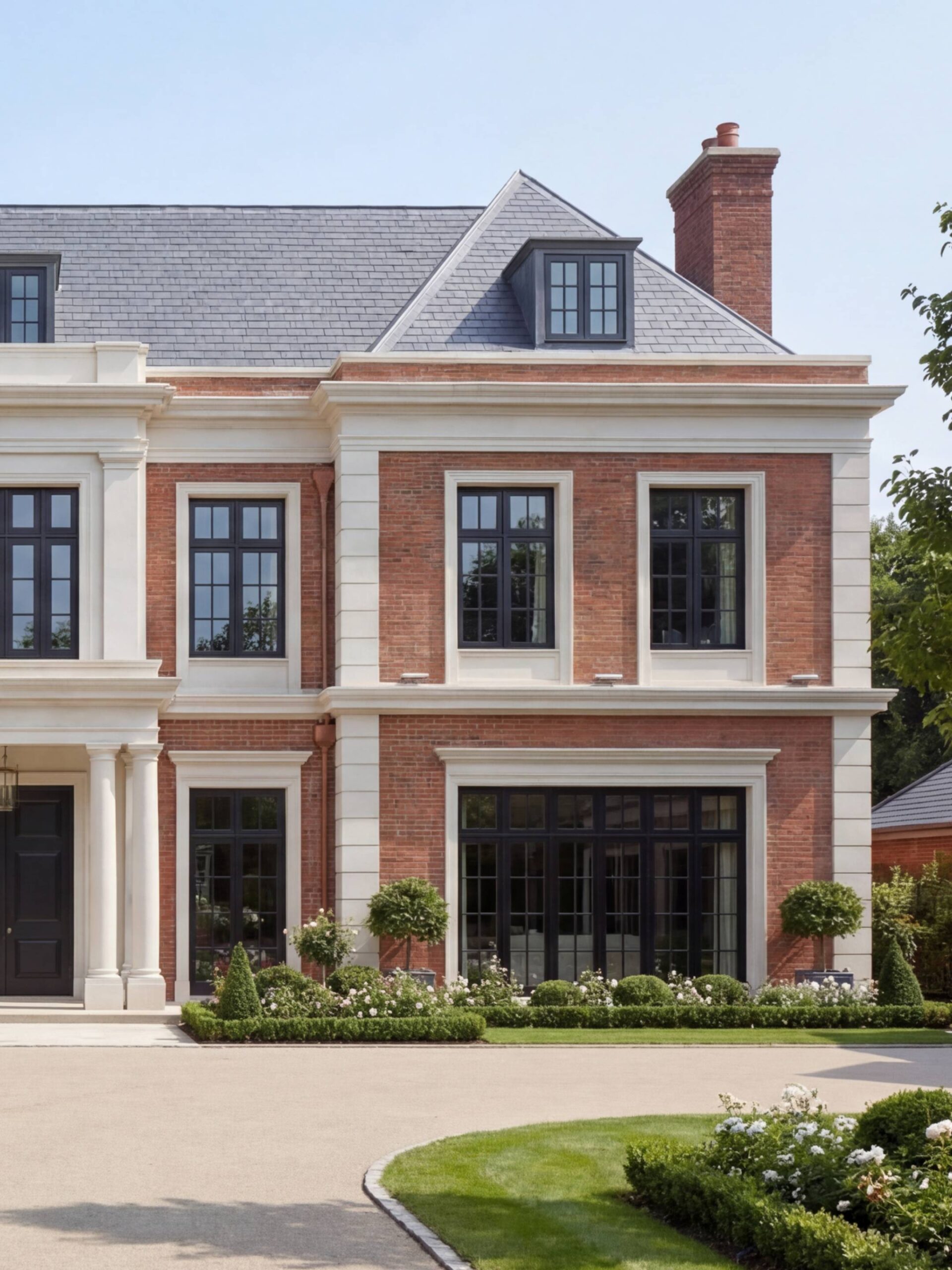 Главный фасад с дорожкой подъезда: четырёхколонный портик, двупольная тёмная дверь и круговой самшитовый бордюр Главный фасад с дорожкой подъезда: четырёхколонный портик, двупольная тёмная дверь и круговой самшитовый бордюр