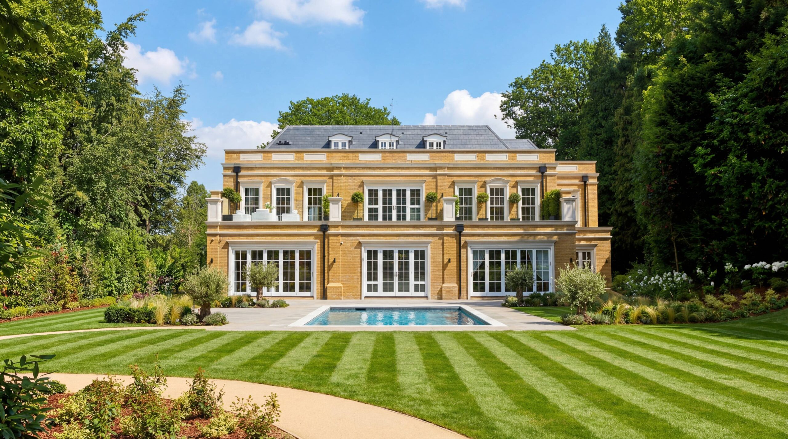 Панорама садового фасада двухэтажного особняка в английской неоклассике: симметрия фасада, бассейн и ухоженный газон Панорама садового фасада двухэтажного особняка в английской неоклассике: симметрия фасада, бассейн и ухоженный газон